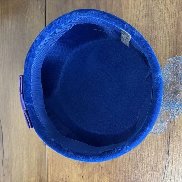 VTG 50s Pillbox Millinary Veiled Netting Hat Headpiece Blue Velvet Mod - Picture 11 of 12